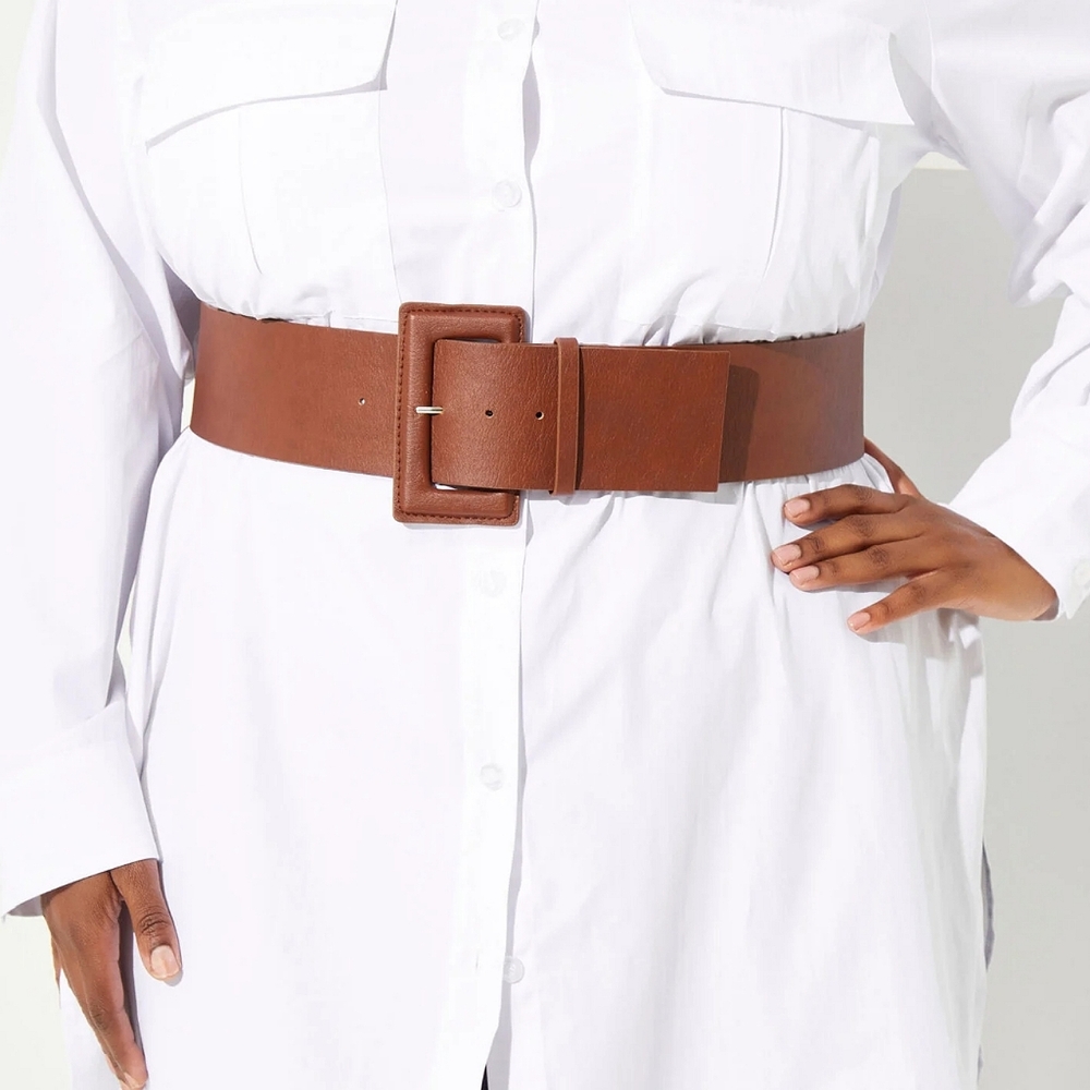 New! Brown Cognac Faux Leather Rectangular Buckle PLUS SIZE Waist Belt 18-20